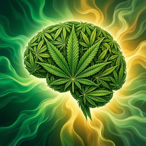 Human brain shaped from green cannabis leaves against a smoky yellow and green swirl background.