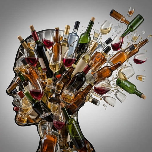 Profile of a human head silhouette filled with exploding wine bottles and glasses for alcohol addiction concept.