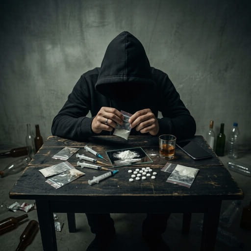 Hooded person sitting at a table with illicit drugs, syringes, pills, and alcohol bottles.