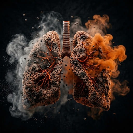 Damaged human lungs showing smoke and pollution effects for respiratory health awareness.