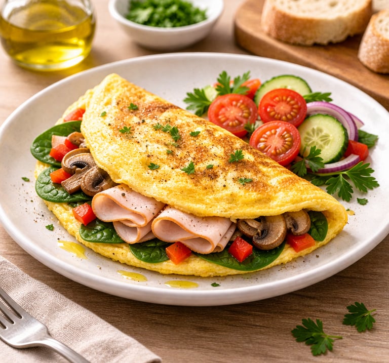 Tortilla de huevos con pechuga de pavo y verduras, desayuno saludable alto en proteína servido en un
