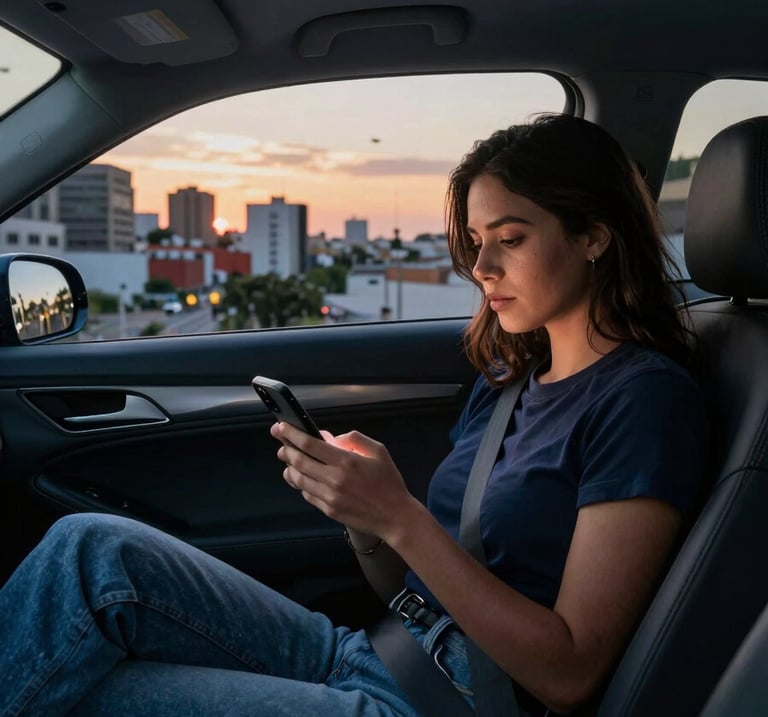 A young woman looking relaxed and safe, sitting in the back seat of a modern car, checking her phone. Through the window, a Latinoamericano / Hispano city is visible at sunset. Warm evening light, professional composition, deep blue shadows and steel blue accents.