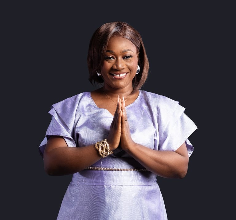 a woman in a purple dress with a gold ring