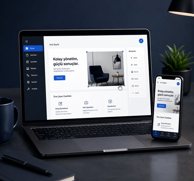 A responsive website builder interface displayed on a laptop and smartphone screen.