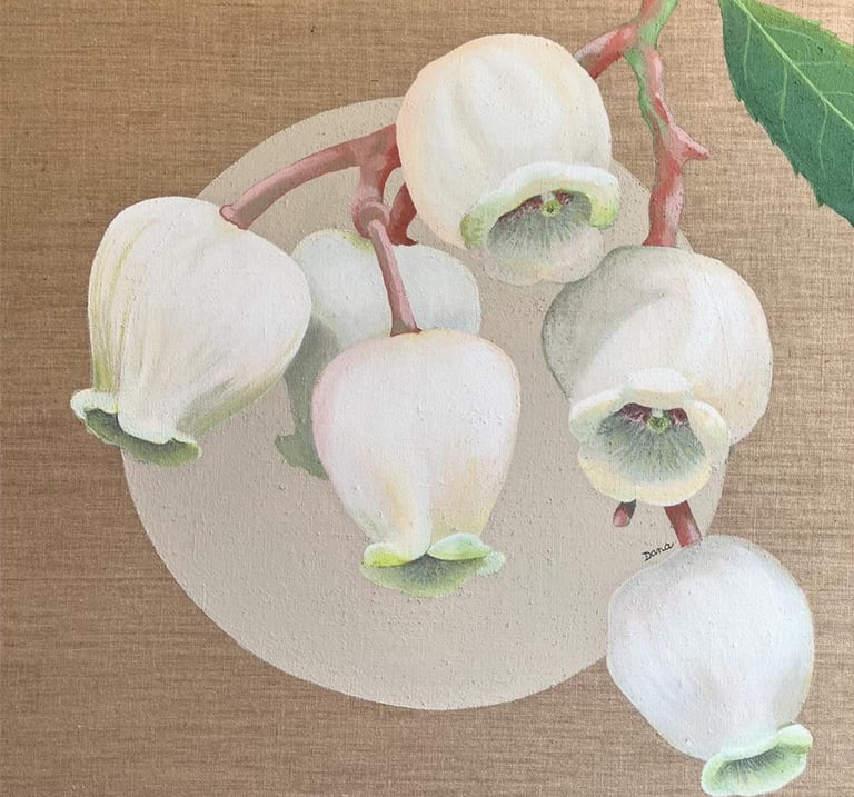 Peinture acrylique sur toile de jute, titre de l’œuvre : "Arbousier"