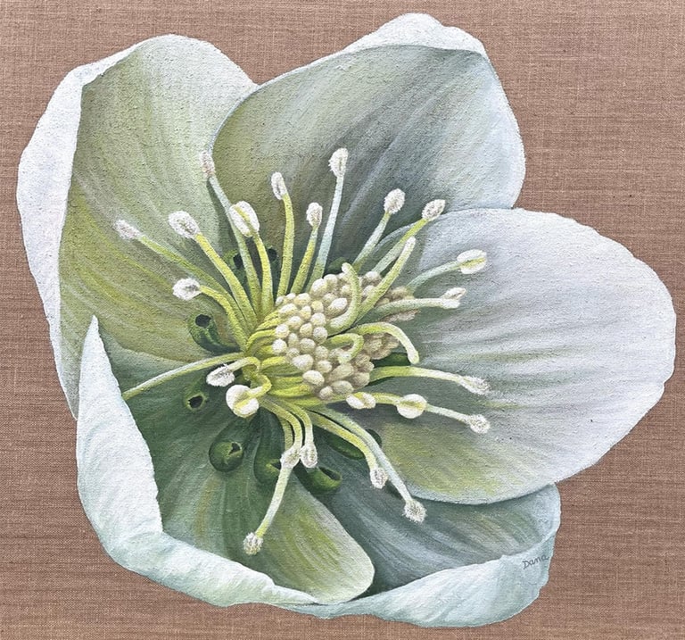 Peinture acrylique sur toile de jute, titre de l’œuvre : "Héllebore"