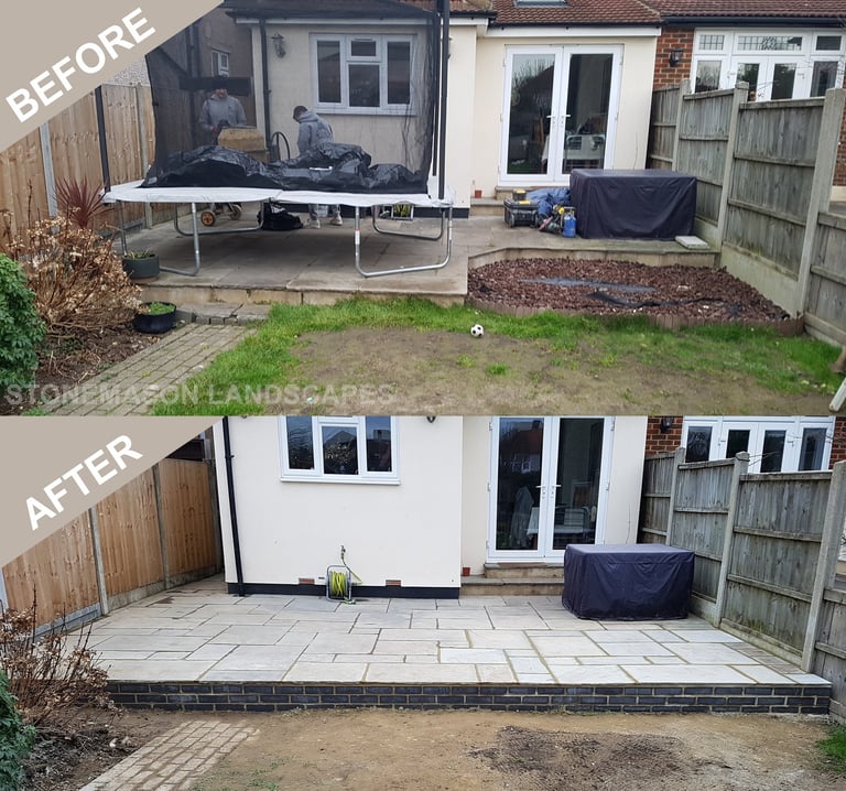 Small Grey Sandstone Patio Extension With Blue Perforated Bricks