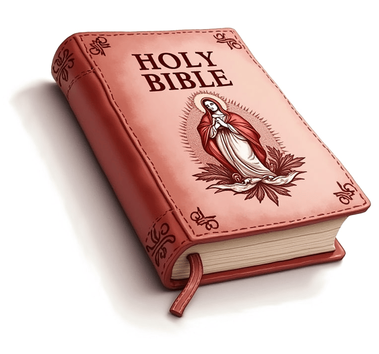 Old leather Bible book cover with picture of Mary.