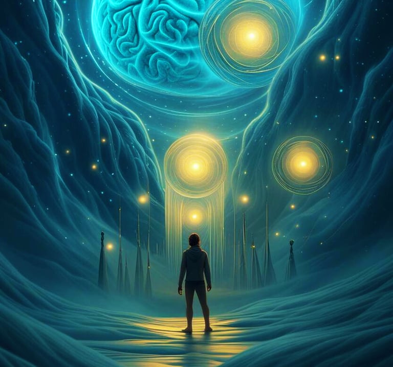 Spiritual illustration of a person standing in a cosmic landscape with golden lights