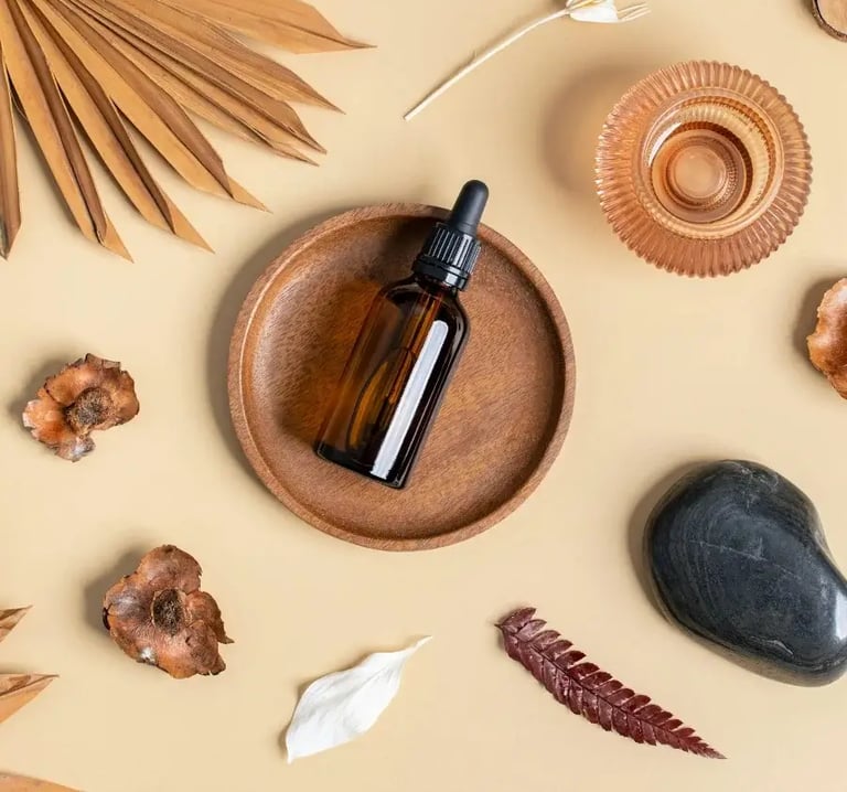 homeopatic remedy in a bottle around the bottle arrangement of natural decorations