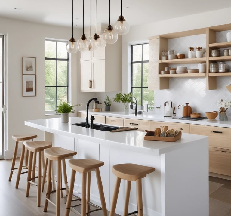 Rustic stools and tables in a sunlit cafe.
