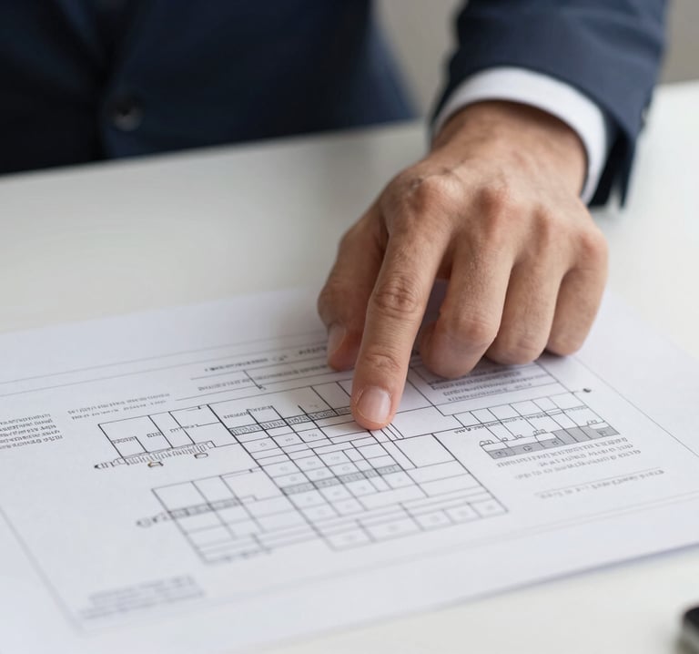 A close-up shot of a professional hand in a Southern European business suit pointing at a detailed logistics diagram on a clean white desk, featuring elegant lighting and a minimalist corporate style.