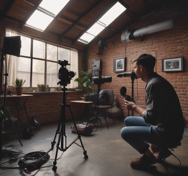 A dynamic filmmaker capturing intense cinematic moments with moody lighting and sharp contrasts.