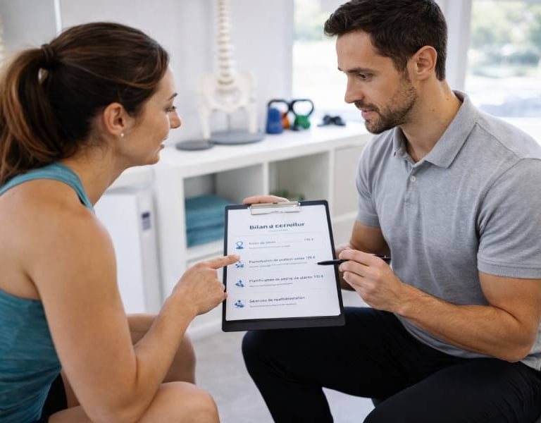 un kiné et une coureuse échange sur la planification d'une reprise de course après blessureu