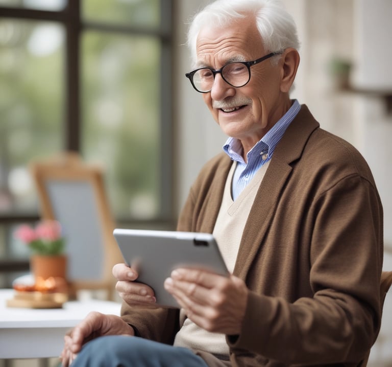 An elderly person is holding a tablet, viewing images on the screen. Next to the tablet, there is a potted plant and some papers on the table, creating a cozy and casual atmosphere.