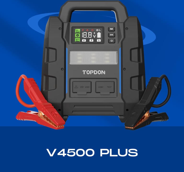 TOPDON V4500 Plus – Die 12V-Starthilfe für schwere Aufgaben Der V4500 Plus richtet sich an Werkstätten, Pannendienste und Di
