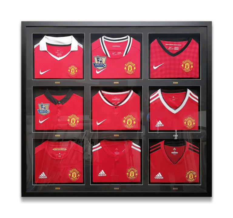 A set of nine Manchester United football jersey framed together in one, framed in KL Malaysia.