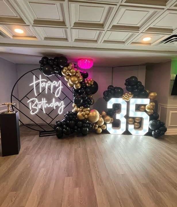 35th balloon backdrop package with happy birthday sign