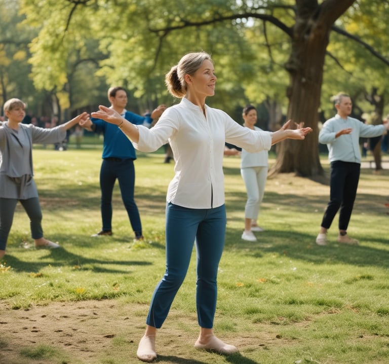 A person in a black outfit appears to be practicing tai chi or a similar movement in a lush, green park. The setting is serene, with sunlight filtering through the leaves of overhanging tree branches, casting dappled shadows on the grass.