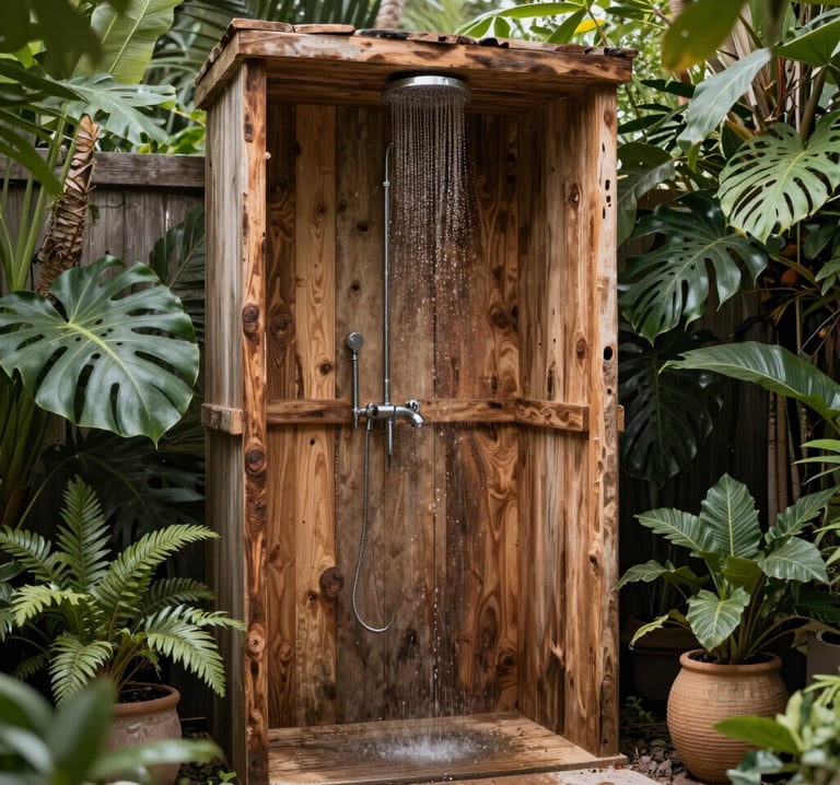 A beautifully crafted outdoor bathroom featuring natural stone and sleek metal accents under a pergola.