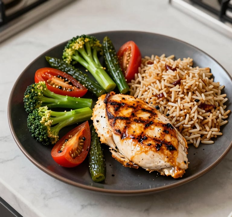 A vibrant, top-down food photography shot of a healthy Nigerian-inspired fitness meal. Grilled chicken breast, steamed vegetables, and small portions of brown rice arranged beautifully on a dark plate. The setting is a bright, modern West African kitchen with off-white marble counters.