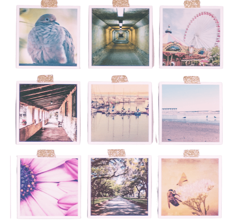Nine square photos with a pink aesthetic, taped in three columns to an invisible wall.