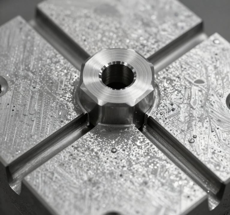 Detailed macro photography of a high-precision metal mold used for industrial casting, showing professional machining marks and silver metallic surfaces.