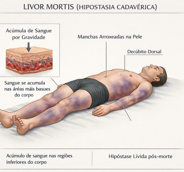 Ilustração médica explicativa do fenômeno livor mortis