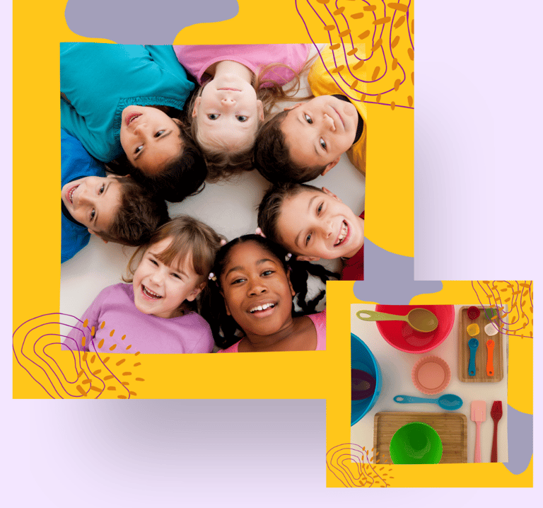 Two images of a group of children smiling and cooking utensils.