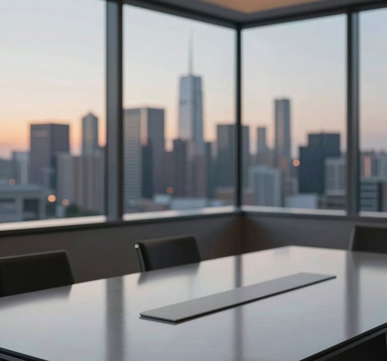 A wide shot of a modern, minimalist glass boardroom overlooking a city skyline at dusk. The interior lighting is warm, emphasizing a professional atmosphere. Subtle reflections on the table include the colors #96AAAC and #1A2F3D.