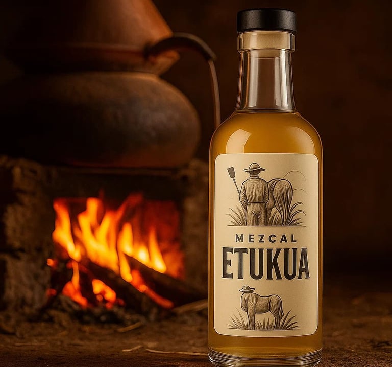 Destilación de mezcal en olla de barro con fuego de leña, método ancestral.