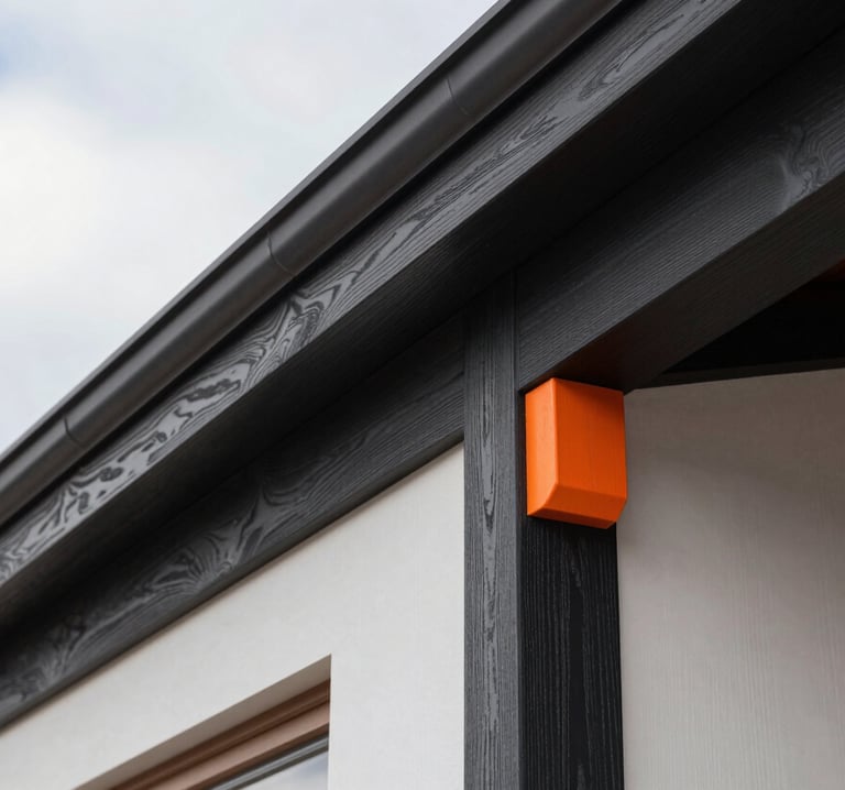 Close-up architectural detail photography of a finished premium residential project in Northern Europe / Finland. Showcasing fine carpentry and polished textures. Soft cloud white lighting, deep charcoal black wood accents, vibrant safety orange details for visual pop.