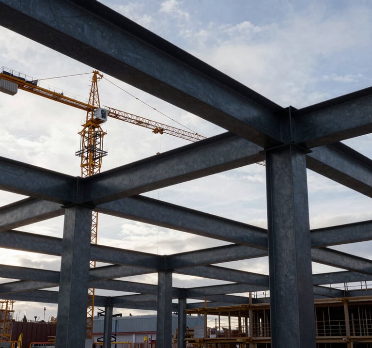 Professional architectural photography of a large-scale construction site in a Northern European / Finnish urban environment. Focus on steel structural beams, a crane silhouette against a soft cloud white sky, industrial slate grey textures, and high-contrast lighting with deep charcoal black accents.