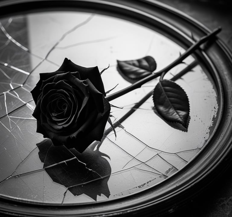Black rose lying on a cracked vintage mirror in a dark, gothic style setting.
