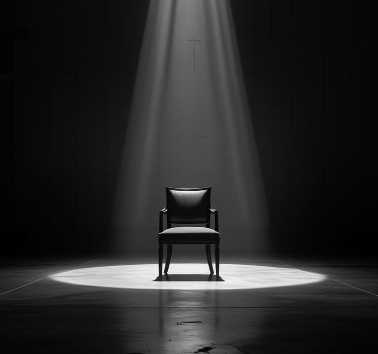 A single empty armchair illuminated by a dramatic overhead spotlight in a dark room.