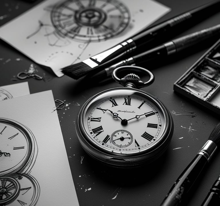 Vintage pocket watch on a workspace with artistic sketches and paintbrushes in black and white.