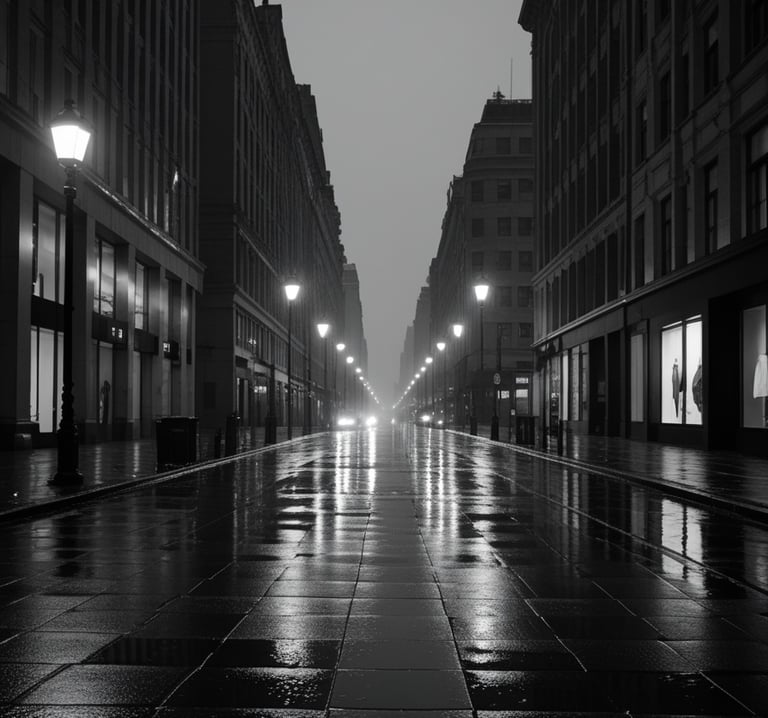 Black and white street photography of a rainy city road at night with glowing street lamps.