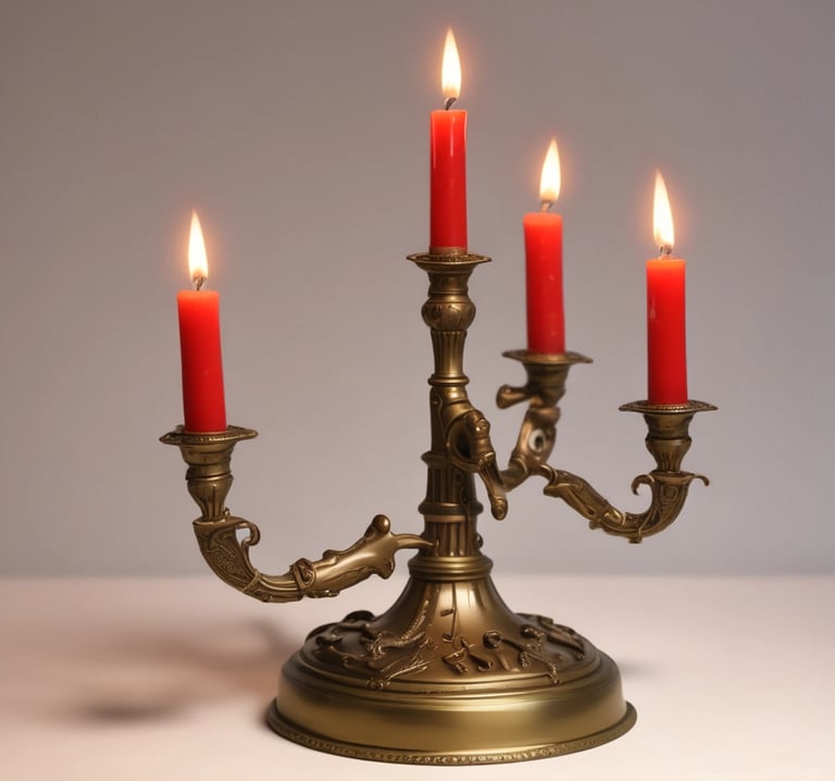 A vintage metal candelabrum with three holders, each adorned with melted and dripped wax, creating a dramatic and artistic effect. The background is dimly lit, emphasizing the intricate details of the wax and the aged texture of the candelabrum.