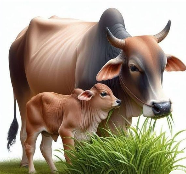 a cow and her calfer are standing in the grass