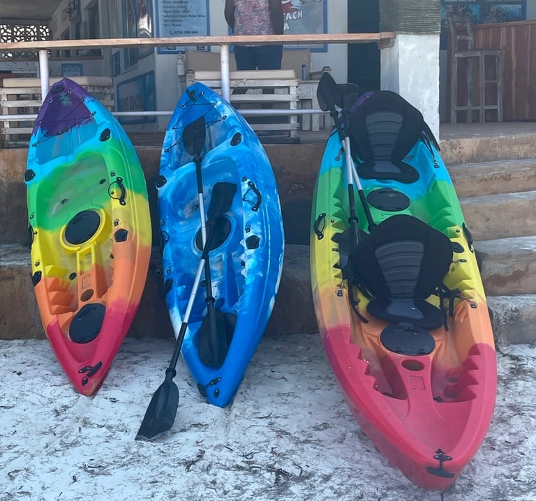 Three colorful sit-on-top kayaks leaning against a PADI diving school wall on a sandy beach.