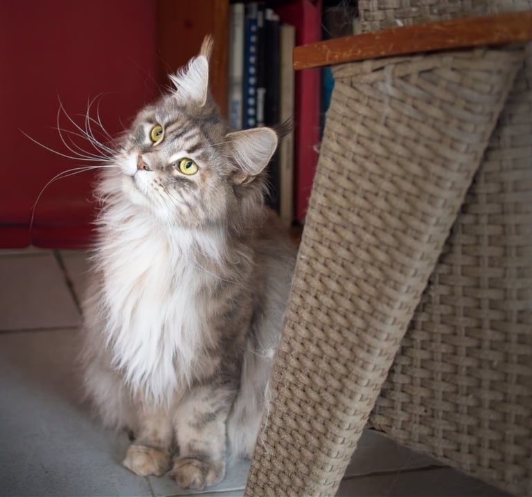 A majestic long-haired Maine Coon cat with long whiskers looking up in a home setting.