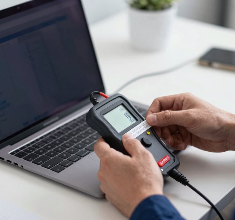 A close-up, high-end photograph of a professional technician's hands using a modern digital PAT tester on a laptop cable. The environment is a clean, minimalist office. Lighting is soft and professional with deep navy shadows #0D1C2B and sharp focus on the safety tag being applied.