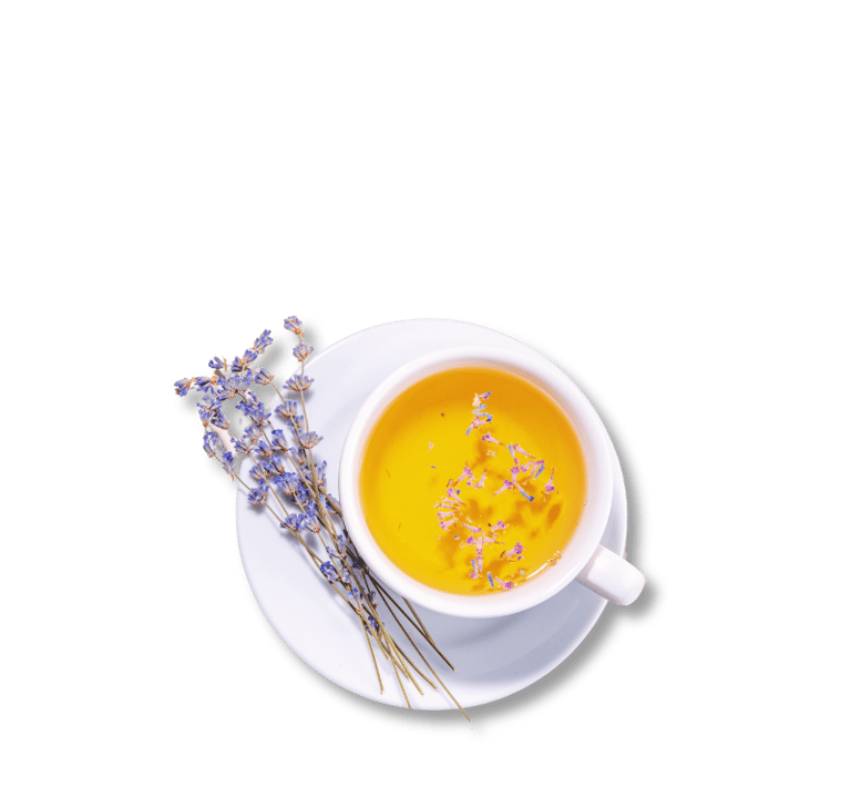 a cup of tea with a bouquet of lavender flowers