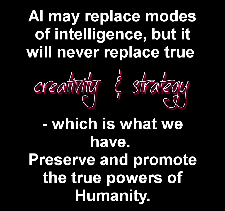 "Inspirational quote about AI, creativity, and strategy on a black background.