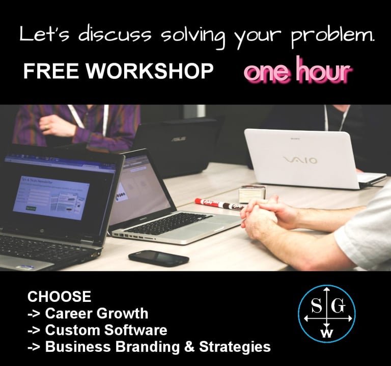 Promotional image for a free one-hour workshop discussing career growth and custom software