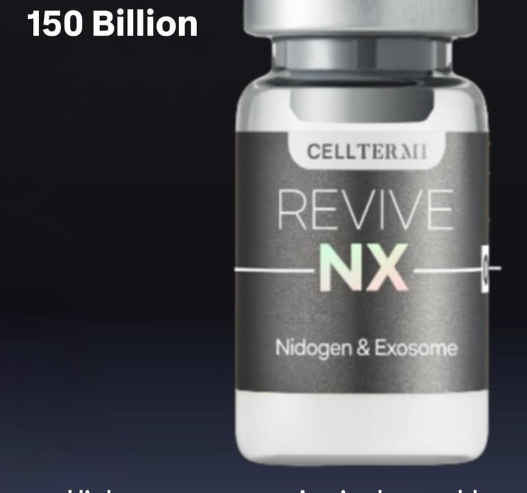 Celltermi Revive NX vial containing 150 billion nidogen and exosome particles for skin rejuvenation.