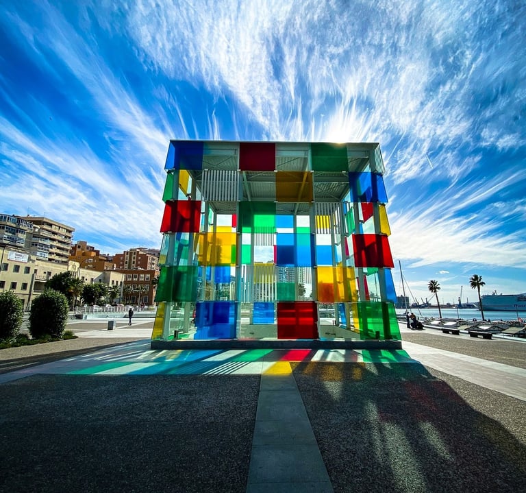 Centre Pompidou Málaga colourful glass cube building at the harbour