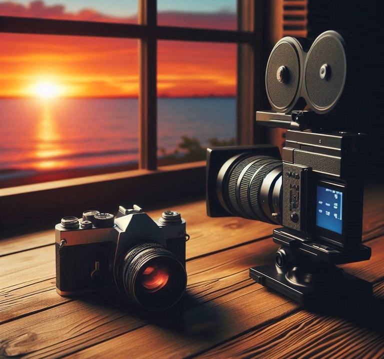 una cámara de video junto a una cámara fotográfica sobre una mesa