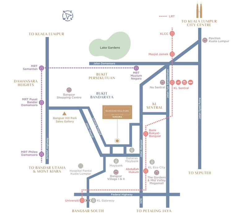 Location map of Bangsar Hill Park in Kuala Lumpur showing nearby MRT stations, KL Sentral, and shopping malls.