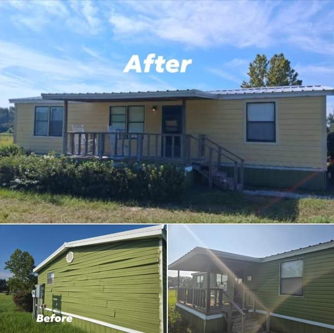 Before-and-after exterior view of a residential home with updated siding and porch.